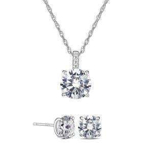 925 스털링 실버 큐빅 지르코니아 목걸이 귀걸이 세트 여성 하트 쿠션 라운드 에메랄드 컷 CZ 솔리테어 베젤 주얼리 세트 CZ 신부 주얼리 세트 신부 들러리 선물