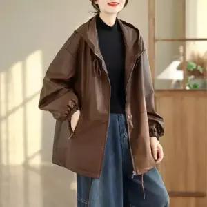 하프 캐주얼 가죽 여자야구점퍼 코트 후드 퓨어핏 ible1