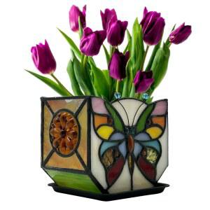 화려한 수공예 스테인드글라스 버터플라이 화분 실내 식물을 위한 귀여운 장식용 선인장 배수 홈 가든 장식 포함