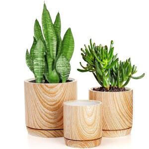 실내 실외 정원 선인장 허브 뱀 식물 알로에 베라 모든 가정 식물을 위한 배수 구멍과 접시가 있는 6인치 /5인치 /4인치 원통형 화분 3종 세트