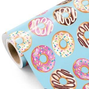 WRAPAHOLIC 도넛 포장지 롤 - 미니 롤 - 17인치 x 16.5피트 - 생일 베이비샤워 결혼식 위한 파란색 포장지 위의 맛있는 신선한 달콤한 도넛