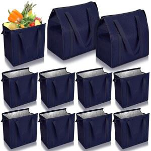 뜨거운 차가운 음식 배달 냉장고용 손잡이 있는 Locmeo 10팩 대형 단열 식료품 가방 재사용가능 쇼핑백 13 x 12 x 7인치 열 냉각기 토트 벌크 (네이비 블루)
