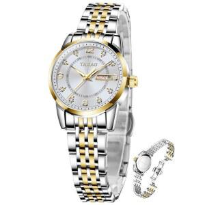 탁소 여성 패션 원피스 방수 실버 시계 캐주얼 이지 리딩 쿼츠 아날로그 여성 시계 투톤 스테인리스 스틸 여성 시계 데이 데이트 포함