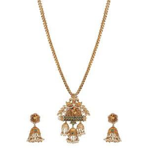 여성 타리니카 앤티크 프리미엄 골드 도금 펜던트 목걸이 세트 - 황동 합금 큐빅 지르코니아(CZ) 인디언 주얼리 귀걸이 볼리우드 패션 주얼리 선물