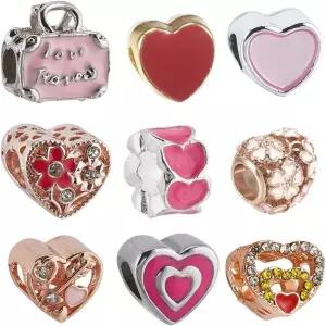 써니클루 핑크 대형 구멍 구슬 발렌타인 데이 유럽 하트 모양 에나멜 라인스톤 컬렉션 주얼리 제작용