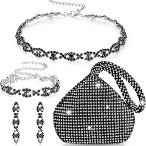 결혼식 파티를 위한 MTLEE 4피스 라인스톤 목걸이 초커 팔찌 귀걸이 클러치 지갑 보석 세트 여성 크리스탈