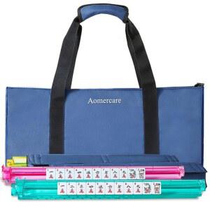 Aomercare 아메리칸 마작 타일 세트 166개의 흰색 4개의 컬러 랙 푸셔 초보자 전문가를 위한 파란색 휴대용 가방이 있는 완전한 웨스턴 세트(블루)