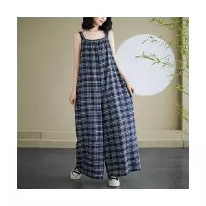 포뇨 캐주얼 여성바지 면마핏 오버사이즈녀 슬랙스 체크 점프슈트 OPH1