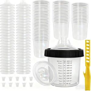 Qopaw PPS 페인트 건 일회용 컵 시스템 600ml(20온스) 자동차 혼합 키트 라이너 뚜껑 50개 125마이크론 스트레이너 HVLP LVLP 건용 하드