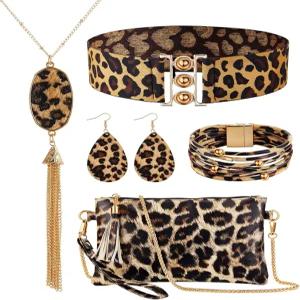 여성용 준킨 6개 레오파드 주얼리 선물 세트 보호 팔찌 목걸이 귀걸이 클러치 지갑 벨트 파티 코스프레용