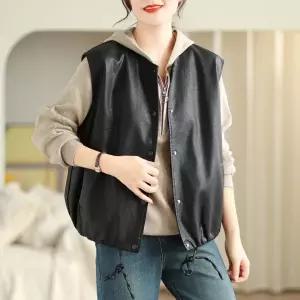 여자조끼 조끼 밑단 라운드 PU가죽 재킷 라이더 스트링 가을 앤티크 심쿵희망