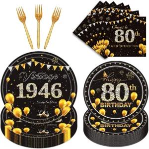 선호하는 80번째 생일 파티 식기 96개의 PCS 건배 남성 여성 블랙 골드 접시 포크 냅킨 세트