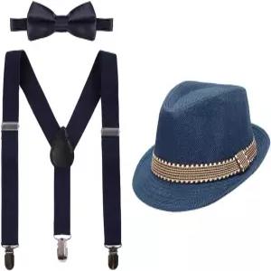 FYMNSI 키드 Y-백 조절 가능한 브레이스 서스펜션 프리타이 보타이 숏 트림 페도라 모자 3PCS 남/여 2-6T