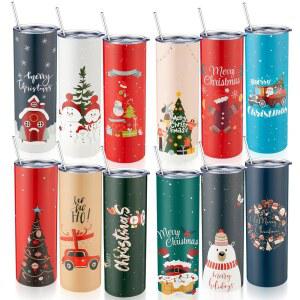 슬라이너 12개 크리스마스 텀블러 세트 뚜껑과 빨대가 포함된 20온스 스테인리스 벌크 이중 진공 단열 컵 명절 선물 남성 여성 파티 용품용 눈사람 산타 여행용 머그잔(나무)
