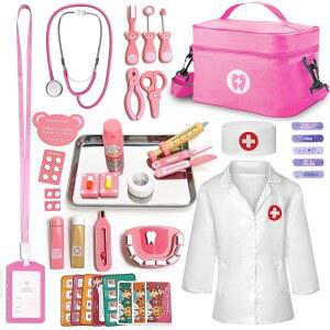 XZO 치과 놀이 세트 용 닥터 키트 48개 가방 청진기 탈착식 치아를 갖춘 시늉 남아용 교육용 나무