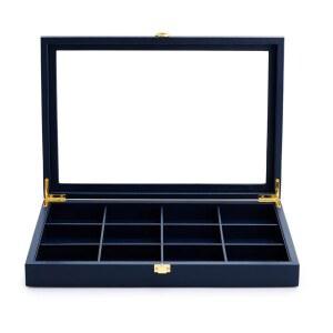 아크릴 뚜껑포함 Oirlv 12 거드 주얼리 트레이 프리미엄 블루 가죽 정리함 투명 뚜껑 팔찌 뱅글 소형 시계 보관 케이스 여성 선물