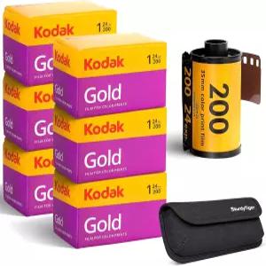 코닥 골드 200 35mm 필름 롤 (24개 노출 / 144개 사진) 6롤 + 견고한 타이거 보관 케이스 블랙