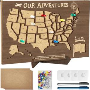 핀이 달린 AJSIIPVS 코크 보드 미국 여행 지도 방문한 두꺼운 나무 RV 상태 커플 여행자 가족을 위한