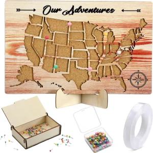 푸시 100 핀과 나무 보관함 12인치 x 8인치가 있는 휴면 코크 보드 미국 여행 지도 RV 베케이션 지리 교실