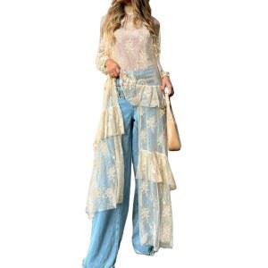 시어 긴소매 레이스 더스터 로브 메시 비대칭 시스루 백 롱 프론트 쇼트 커버업(살구, 캐주얼 하늘거리는 탑 라지)