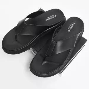 남성 기본 블랙조리 가죽슬리퍼 4cm굽 쿠션쪼리 샌들