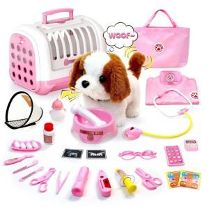 인터랙티브 후리스 도그가 포함된 용 UBee 사이즈 닥터 키트 도구 의상이 수의사 놀이 세트 장난감 3-5세 소녀용 선물 핑크 분홍색