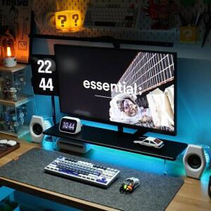 RGB 조명이 있는 ROCDEER 대나무 모니터 스탠드 라이저 책상 PC 컴퓨터 노트북 프린터 스피커(블랙) 아크릴 다리 지지대가 31.5인치 데스크톱 선반