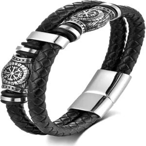 남성용 Udefwl 바이킹 가죽 팔찌 스테인리스 스틸 베그비저 컴퍼스 비즈 걸쇠가 있는 다층 땋은 검은색