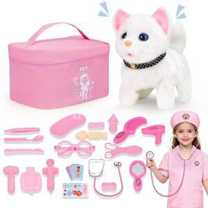 여자아이를 위한 롤보리아 닥터 키트 워킹 캣 장난감 캐리백 청진기 드레스업 코스튬이 포함된 27개의 수의사 놀이 세트 3세 4세 5세 6세 어린이를 시늉 선물