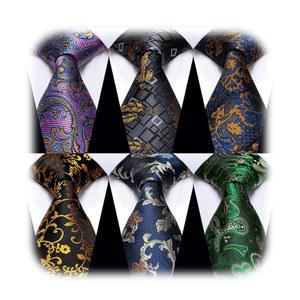 6피스 타이 세트 모듬 넥타이 실크 우븐 페이즐리 플로럴 스트라이프 체크 무늬 패션 웨딩 비즈니스 파티, 블랙 앤 골드, 원사이즈
