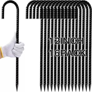 랜루모 12인치 16팩 철근 스테이킹 헤비 듀티 J 훅 프리미엄 블랙 코팅 방청 접지 앵커 체인 링크 펜스