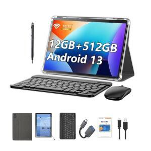 Crelander 10.1인치 Android 13 태블릿 SIM 카드 슬롯 키보드가 있는 2개 케이스 마우스 스타일러스 8000mAh 배터리 1280x800 IPS 터치스크린 WiFi/블루투스 듀얼 카메라 12GB + 512GB