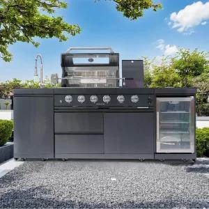 버너 72000 BTU 바비큐 스테인리스 싱크대 와인 쿨러 냉장고 로티세리 화강암 조리대가 있는 85인치 상업용