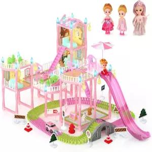 라이트 트랙 자동차 장난감 세트가 있는 인형의 집 여자들을 위한 공주 인형 3개 애완동물 가구 및