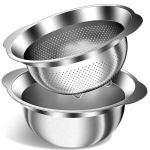 믹싱 볼이 있는 스테인리스 스틸 스트레이너 쌀 세척기 주방용 소쿠리 과일 채소 미세 다공성 클리너 볼 식기세척기 사용가능 2쿼터