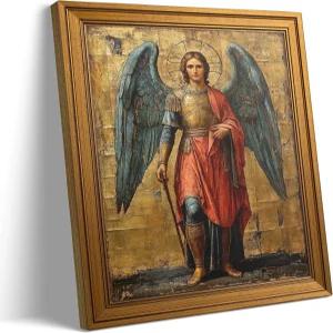 금색 액자 대천사 마이클 캔버스 벽 아트 복고풍 기독교 회화 그림 장식 가톨릭 성인 포스터 기도실 교회