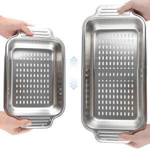 싱크대 위의 고수 스트레이너 바구니 - 야채와 과일 드라이 접시를 세척할 수 있는 올 메탈 확장 배수 6쿼트 대형 사이즈 새로운 가정용 주방 필수품