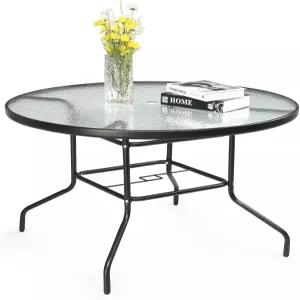 빈글리 40인치 야외 식탁 우산 구멍 전천후 원형 파티오 테이블 워터웨이브 강화 유리 상판 및 금속 프레임