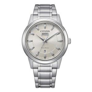시티즌 남성 에코 드라이브 원피스 클래식 시계 실버 톤 스테인리스 스틸 브레이슬릿 아이보리 다이얼 3 핸드 날짜/날짜 (모델: AW0100-86B)