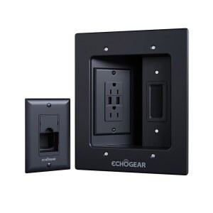 AC 콘센트 2개와 USB-A 포트 2개가 있는 벽걸이 TV용 에코기어 TV 코드 하이더 - 벽 뒤에 전원 케이블 저전압 전선 숨기기 템플릿 톱 저프로파일 연장 포함 검은색