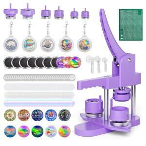 버튼 메이커 기계 1''+1.25''+2.25'' 핀 누름 w / 홀로그램 필름 핀백 300개 냉장고 자석 10개 배지 참 5개 커팅 매트 1개 맞춤 배지용 제작 키트 파티 혜택