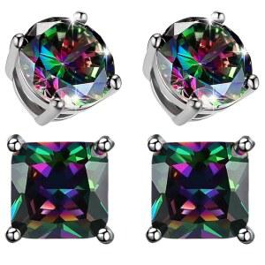 2쌍 18K 화이트 골드 도금 라운드/스퀘어 CZ 귀걸이 여성 남성용 레인보우 쿼츠 스터드 제작