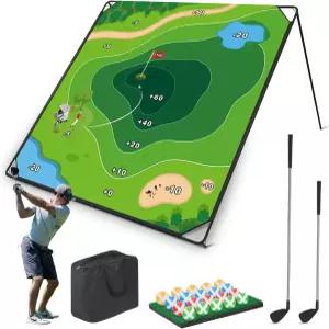 MOLACHI 골프 치핑 게임 71인치 x71인치 휴대용 스틱 플레이 매트 실내 야외 연습 조절 가능한 클럽 2개와