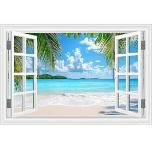 가짜 창문 벽 스티커 벽화 - 비치 오션 열대 섬 야자수 예술 포스터 홈 오피스 풍경 장식 필 앤 스틱 시스케이프 자연 경관 장면 48인치 x32인치