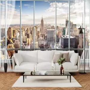 YhLHDzbb 시티 스카이라인 3D 벽 벽화 창의적인 가짜 윈도우 필 앤 스틱 벽지 탈착식 포스터 스티커 침실