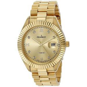 플루티드 베젤과 캘린더가 있는 푸조 14K 골드 도금 다이아몬드 럭셔리 원피스 시계