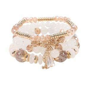 리우스겔라드 보헤미아 스태커블 비즈 여성용 팔찌 세트, 다층 스트레치 크리스탈 스톤 골드 주얼리 - 핑크, 그린, 블루 화이트 보호 비치 휴가 선물