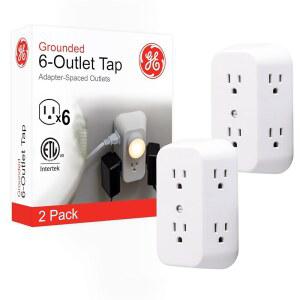 GE 6-아울렛 익스텐더 2팩 접지된 벽 탭 어댑터 간격 콘센트 3-프롱 스플리터 다중 플러그 빠르고 쉬운 설치 크루즈 필수품 UL 목록 흰색 40222