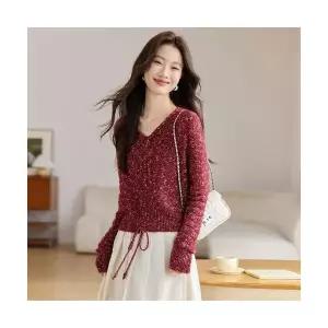 여성용 가을 니트 앤티크 레드 꽃사 탑 조추 브이넥 스트링 스웨터 KS3