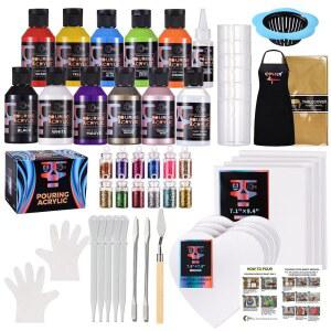 OPIR 10가지 색상 아크릴 붓기 페인트 세트 매체 바니시 8x페인트 면 캔버스 12x글리터 파우더 2x테이블 의류 2x에이프론 20x글로브 하이플로우 용품 도구 스타터 키트